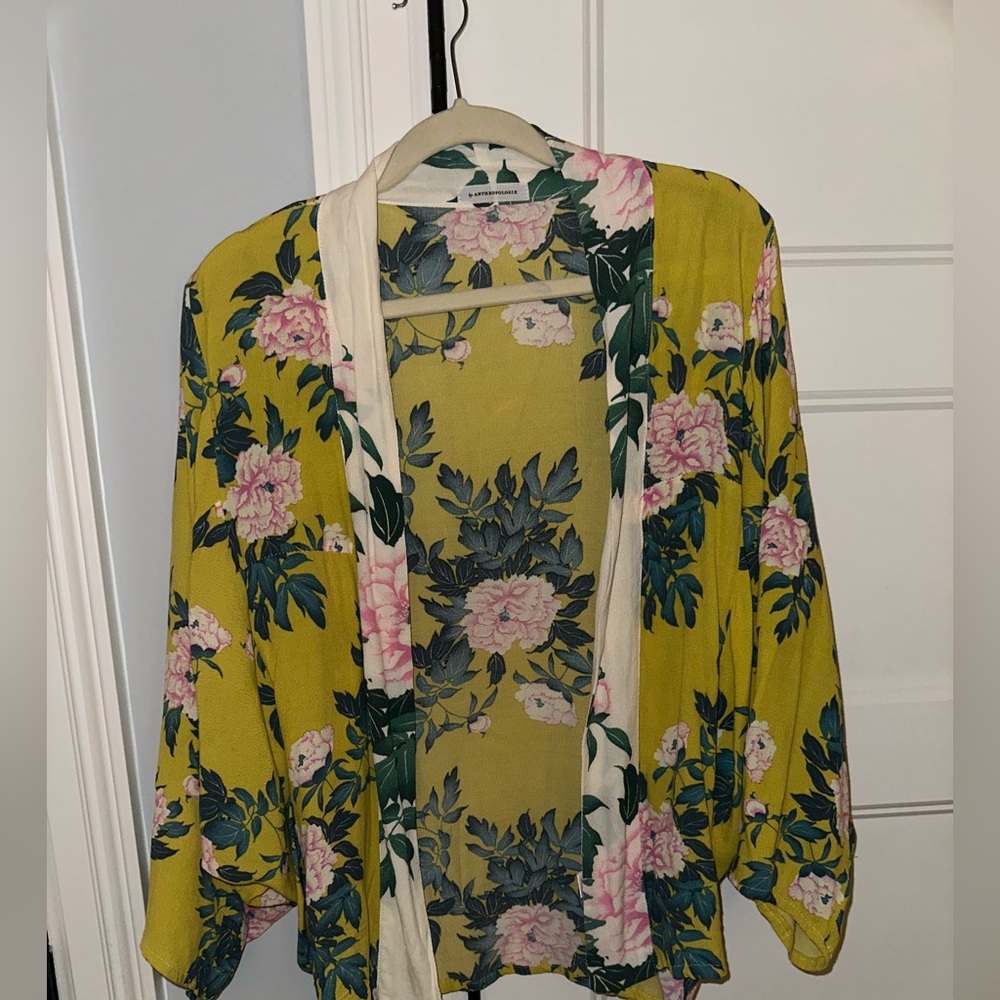 Anthropologie Floral Kimono Cardigan - Yellow and Pink